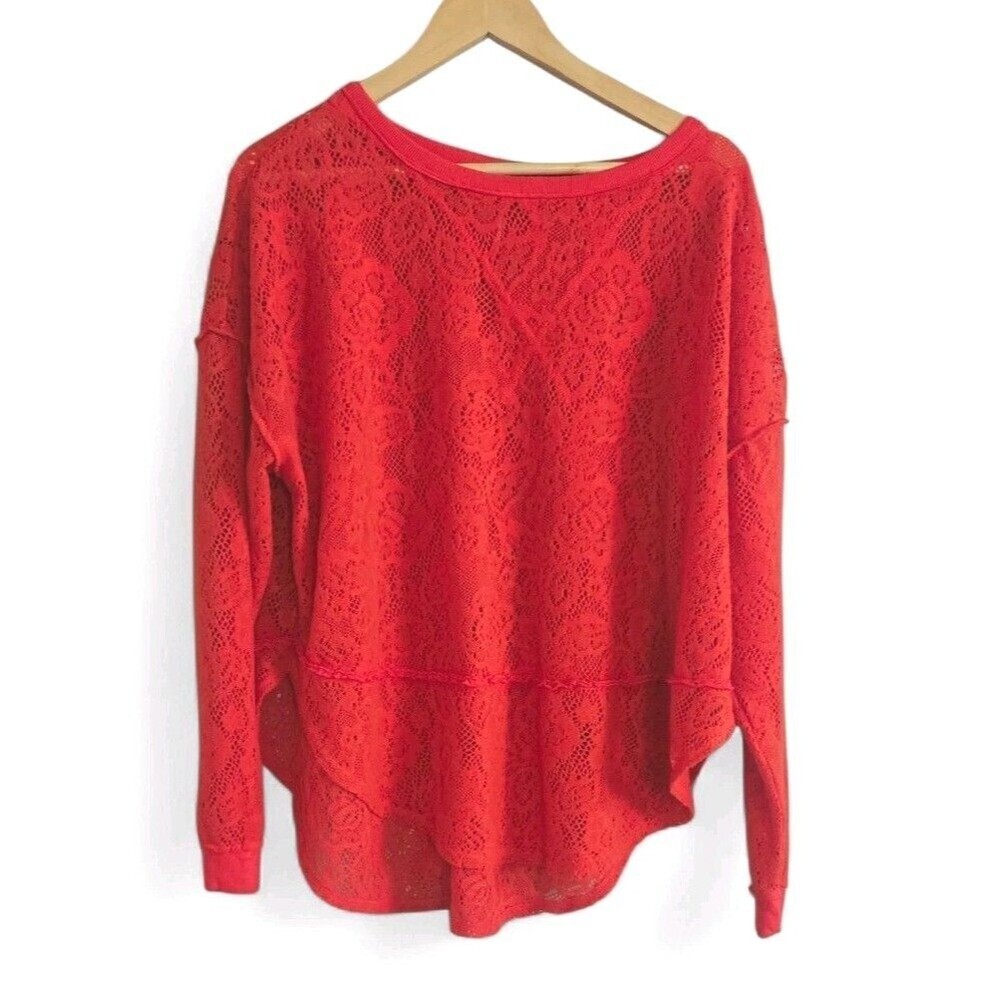 Free People Not Cold in This Lace Knit Sweater Fiesta Red Oversized Size XS